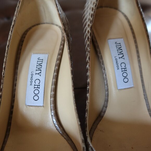$895 Jimmy Choo peep toe platform snakeskin pumps in grey/green 36 1/2 ITALY - Picture 10 of 15